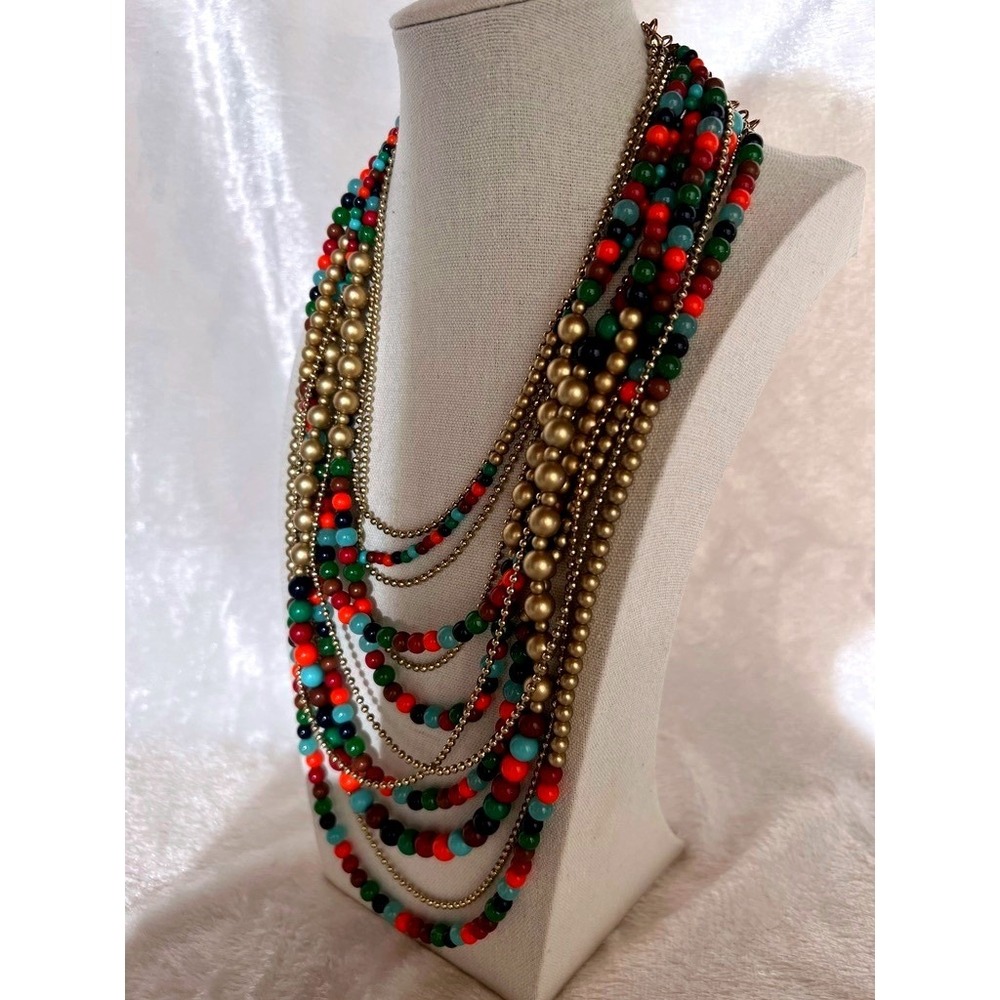 Multistrand Beaded Necklace Gold Amrita Singh Layered Statement Chunky Colorful - Picture 8 of 16